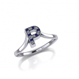 10kt white gold fashion ring that has a 'P' as the center with alternation blue sapphire and white brilliant cut diamonds.