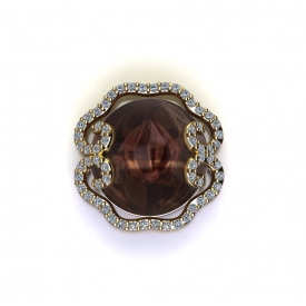 14kt yellow gold fashion pendant with a round rustic sapphire center and a halo of round brilliant cut diamonds.