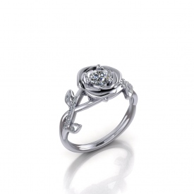 10kt white gold rose-style engagement ring with a round diamond set in the center of a rose-like halo, and leaf/vine design with diamonds set throughout.