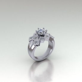 14kt white gold 3-row ring that has bezel set princess cut diamonds and a round brilliant cut center diamond.