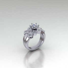 14kt white gold 3-row ring that has bezel set princess cut diamonds and a round brilliant cut center diamond.