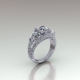 14kt white gold three-stone style engagement ring that has round brilliant cut diamonds set on all three sides of the ring, and three round brilliant cut diamonds as the center diamonds.