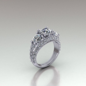 14kt white gold three-stone style engagement ring that has round brilliant cut diamonds set on all three sides of the ring, and three round brilliant cut diamonds as the center diamonds.