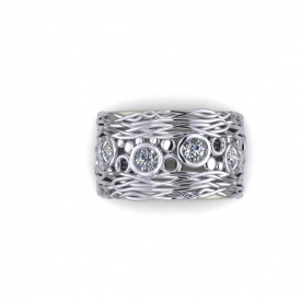 10kt white gold fashion ring with bezel set round brilliant cut diamonds in the center, and an interwoven pattern on the top and bottom.