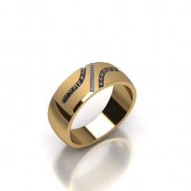 10kt yellow gold gents band that has two channels of round champagne colored diamonds, and a channel going through the middle of the band with princess cut diamonds.