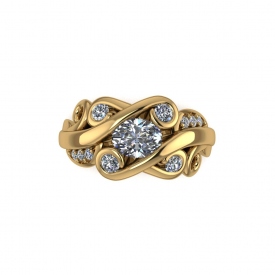 14kt yellow gold fashion ring with a round diamond centers tone, and round diamonds set throughout in the scroll designs.
