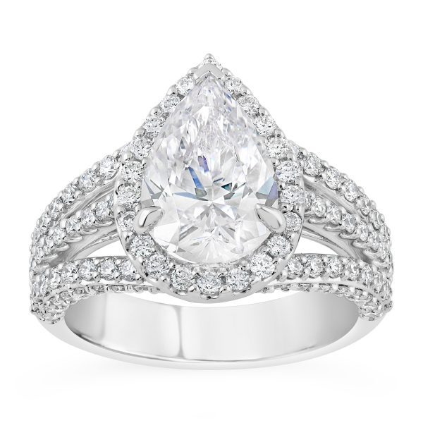 14K Triple Split Shank Pear Diamond Halo Engagement Ring