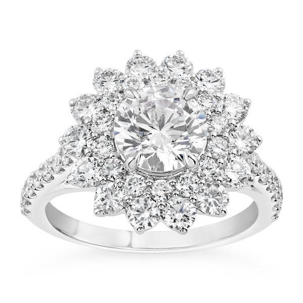 14K Round Diamond Star Burst Halo Engagement Ring